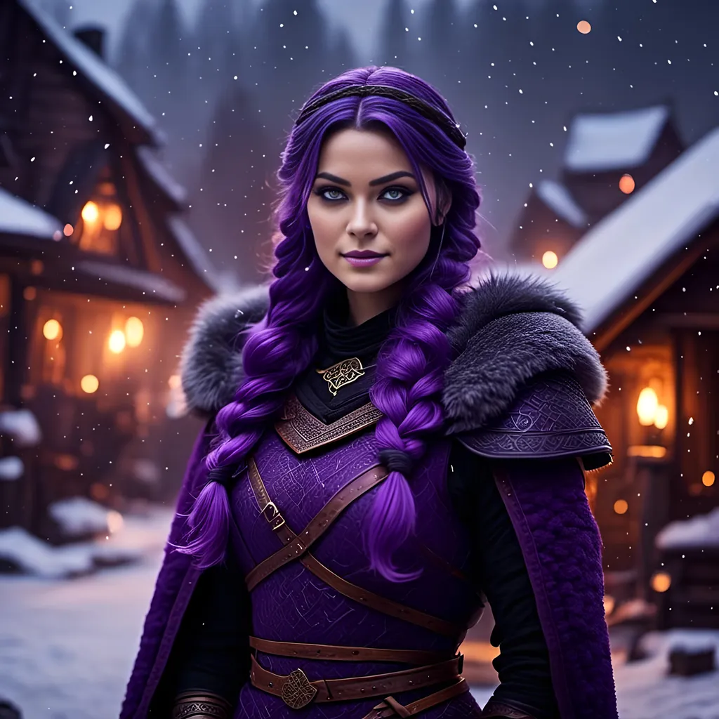 Prompt: Photo of <mymodel> with a heavy purple fur coat with a hood with a fur edge, she is in a viking village standing as snow falls