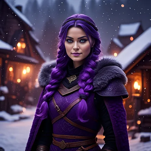 Prompt: Photo of <mymodel> with a heavy purple fur coat with a hood with a fur edge, she is in a viking village standing as snow falls