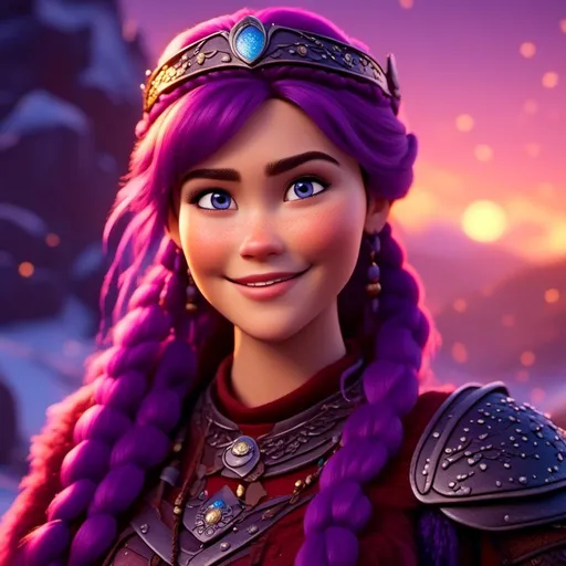 Prompt: <mymodel>CGI Animation, digital art, 20-year-old-old viking woman with light blue eyes, she is overjoyed, purple hair with purple strands, single braid down her shoulder with a tiara, unreal engine 8k octane, 3d lighting, close up camera shot on the face, full armor