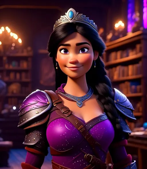 Prompt: <mymodel>CGI Animation, digital art, 20-year-old-old viking woman with light blue eyes, she is standing in her library, she is of royalty, {{black gear, purple armor}}, black hair with purple strands, single braid down her shoulder with a tiara, subtle smile, unreal engine 8k octane, 3d lighting, close up camera shot on the face, full armor