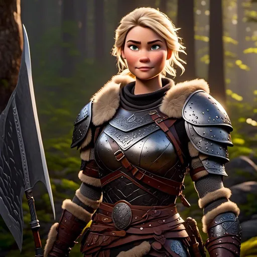 Prompt: digital CGI art of <mymodel>, 27-year-old modest Young woman viking, white gear, she has two iron frying pans to use as weapons while she stands in the forest, blonde hair, Quite well-built and lean muscled, green gold eyes, assassin's creed Valhalla armor, very short curly blonde hair
