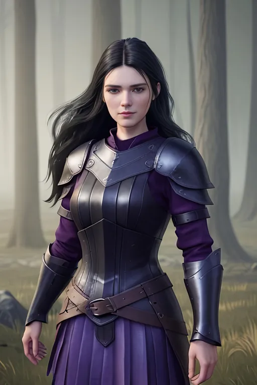 Prompt: Digital Art, 25-year-old viking woman, subtle smile, black straight hair, dark purple eyes, a dark purple long-sleeve shirt, textured skirt down to knees, dark purple pants, dark purple armor, long black hair with volume, middle part in hair, leather boots, dark purple gear, unreal engine 64k octane, hdr, 3d lighting, full body, full armor