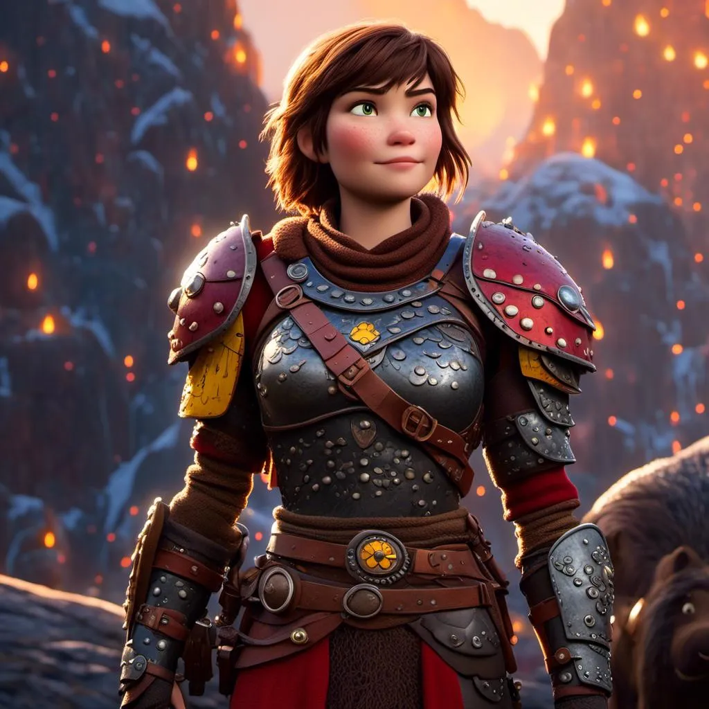 Prompt: <mymodel>CGI Animation of a viking female, brown hair in her face, hazel eyes, bright red gear and armor, she has heavy gauntlets on her hands with armored gloves, yellow highlights and textures, standing in a viking village, intricate details, high quality, digital painting, cool tones, dramatic lighting