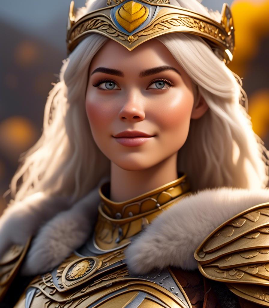 Prompt: <mymodel>CGI Animation, digital art, 20-year-old-old viking woman with light blue eyes, yellow clothes, gold colored armor, white hair, straight hair with a tiara and a mask on her eyes, subtle smile, unreal engine 8k octane, 3d lighting, close up camera shot on the face, full armor