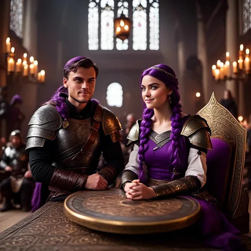 Prompt: Photo of a young <mymodel> sitting at the in the viking Great Hall from How to Train Your Dragon discussing politics with her husband a young Jarl Mollerson, ((he has short brown hair and no beard))