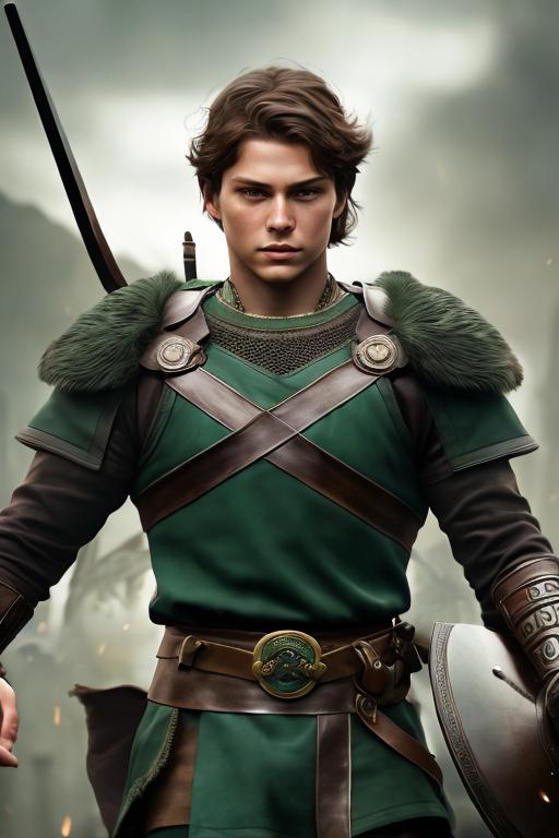 Prompt: he has short brown hair, create most handsome fictional male viking warrior, short brown hair, light green eyes, extremely detailed environment, detailed background, intricate, detailed skin, professionally color graded, photorealism, 16k, moody lighting