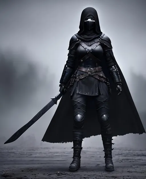 Prompt: Digital Art, a sinister viking woman, black armor, black gear, a black helmet fully covering her face, no face, no eyes, with a black ponytail coming from the helmet, a long black cloak, black bracers, black pants, black boots, unreal engine 8k octane, 3d lightning