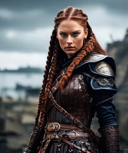 Prompt: she has red braided cornrow hair, create most beautiful fictional female viking warrior, red hair, blue eyes, brown leather battle gear, extremely detailed environment, detailed background, intricate, detailed skin, professionally color graded, photorealism, 8k, moody lighting