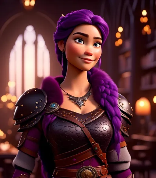 Prompt: <mymodel>CGI Animation, digital art, 20-year-old-old viking woman with light blue eyes, she is standing in her library, she is of royalty, {{black gear, purple armor}}, purple hair, single braid down her shoulder with a tiara, subtle smile, unreal engine 8k octane, 3d lighting, close up camera shot on the face, full armor