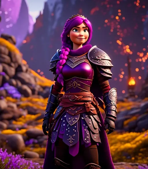 Prompt: <mymodel>CGI Animation, digital art, 20-year-old-old viking woman with light blue eyes, she is standing next to her clan's throne, she is of royalty standing, {{black gear, purple armor}}, purple hair, single braid down her shoulder with a tiara, subtle smile, unreal engine 8k octane, 3d lighting, close up camera shot on the face, full armor