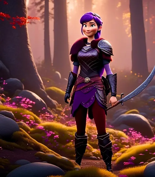 Prompt: <mymodel>CGI Animation, digital art, 20-year-old-old viking woman of royalty standing in a dimly lit thick forest with trees everywhere, dense fog, light blue eyes, {{black gear, purple armor}}, purple hair, single braid down her shoulder with a tiara, subtle smile, a black dragon with metal scales is standing next to the viking, light blue eyes, unreal engine 8k octane, 3d lighting, close up camera shot on the face, full armor