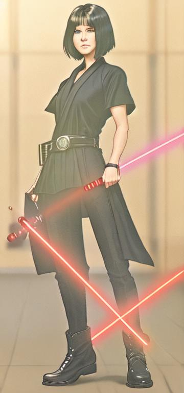 Prompt: A young woman Sith lord, with black short-length hair, black pants, a subtle smile, a black short sleeve shirt, a black vest past the waist, a black belt, black boots, two lightsabers one red and one light pink