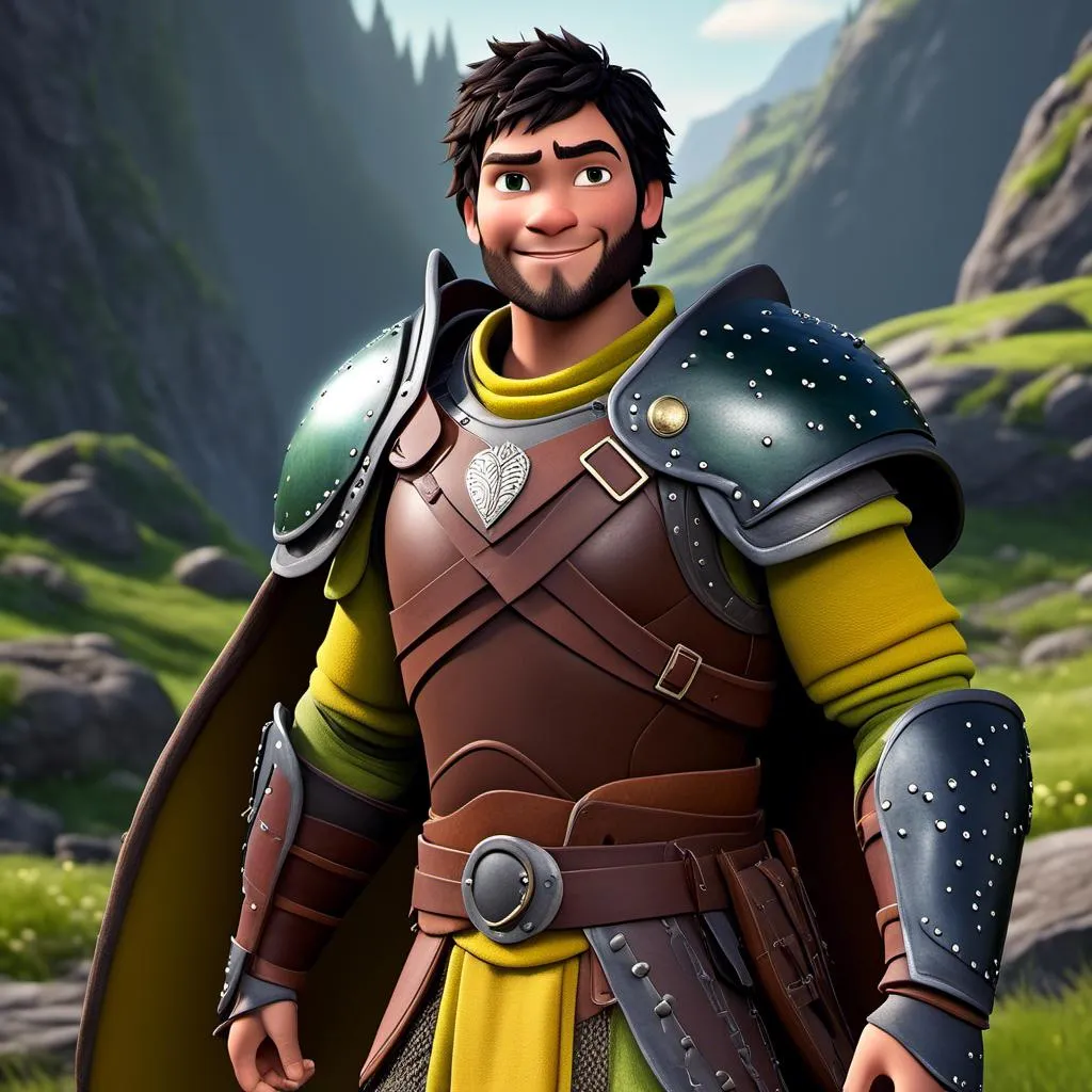 Prompt: <mymodel>Animated CGI style of a fierce ((Caucasian Viking male)) with black hair of the style of side swept undercut, joyous gaze, yellow gear and green armor, realistic clothing textures, high quality, CGI, realistic, viking, male, Caucasian, detailed facial features, highres, professional, intense lighting