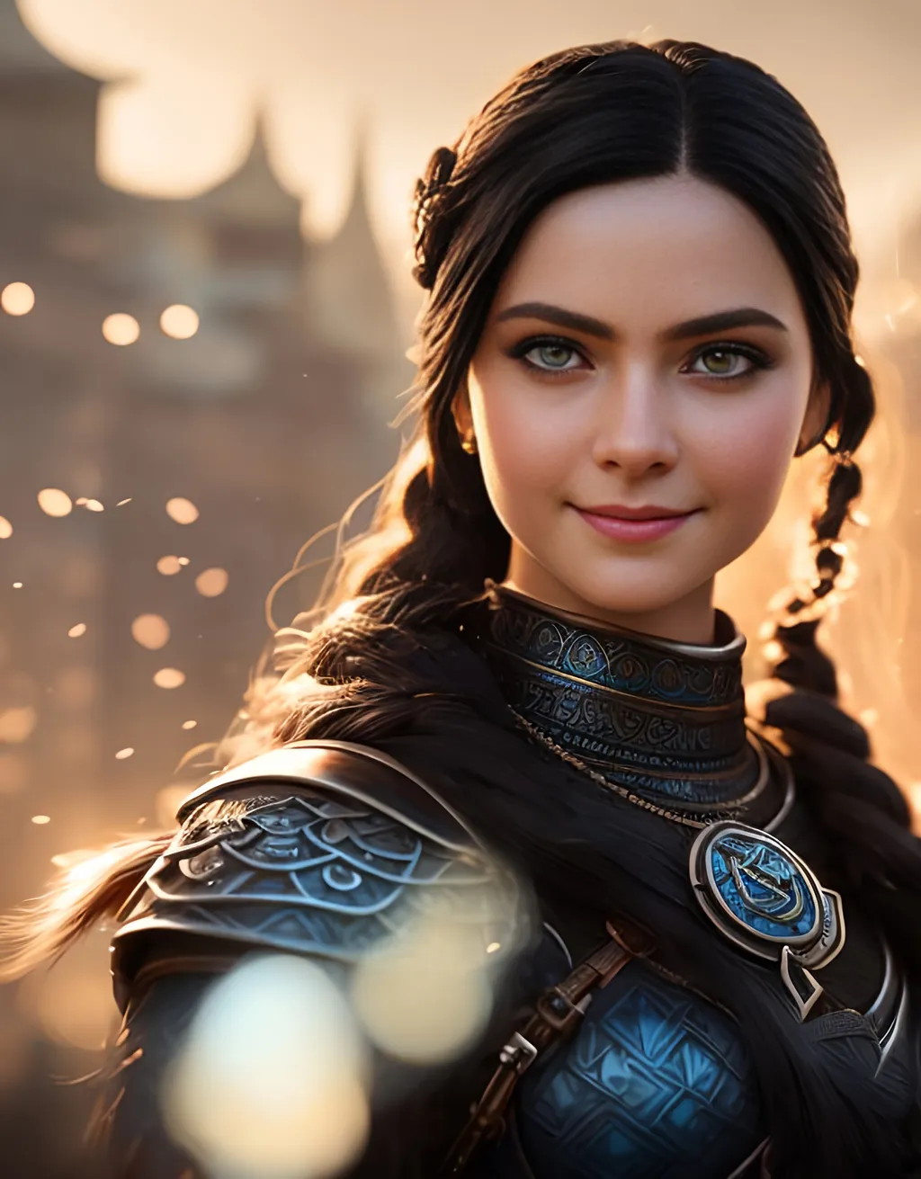 Prompt: she has black hair, create most beautiful fictional female princess viking warrior, hopeful smile, black hair, light blue eyes, extremely detailed environment, detailed background, intricate, detailed skin, professionally color graded, photorealism, 8k, moody lighting