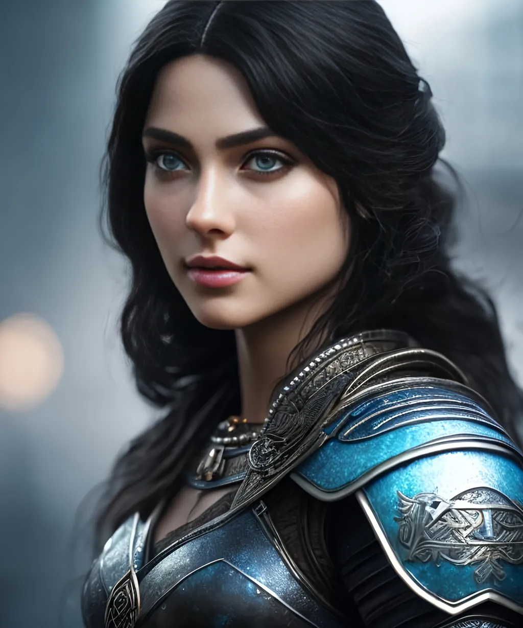 Prompt: she has black hair, create most beautiful fictional female viking princess warrior, black hair, light blue eyes, extremely detailed environment, detailed background, intricate, detailed skin, professionally color graded, photorealism, 8k, moody lighting