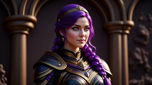 Prompt: <mymodel>CGI Animation, digital art, 20-year-old-old viking woman with light blue eyes, she is overjoyed, she has black gear and gold armor, purple hair with purple strands, standing in a dimly lit cave, single braid down her shoulder with a tiara, unreal engine 16k octane, 3d lighting, full armor