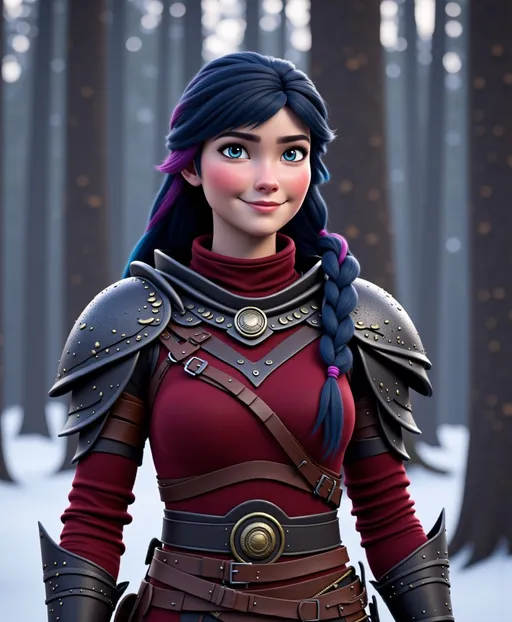 Prompt: <mymodel>CGI Animation, digital art, 20-year-old-old viking woman with violet eyes, Dark red Long sleeve shirt, skirt with dragon teeth on it, wears the snow wraith hood, ((dark dark blue hair with teal, pink and purple streaks)), standing snowy forest, subtle smile, unreal engine 8k octane, 3d lighting, close up camera shot on the face, full armor