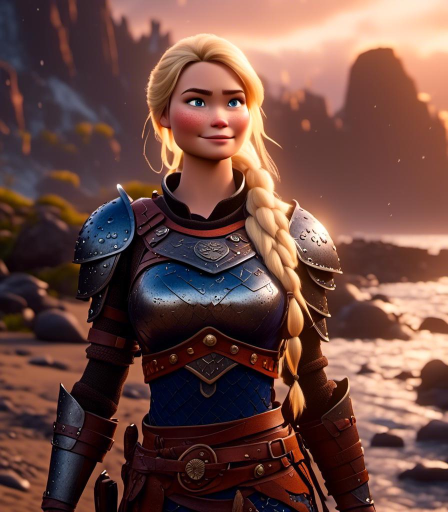 Prompt: <mymodel>CGI Animation, digital art, 20-year-old-old viking woman with blue eyes standing around several hot springs on a beach, ((blue clothes, blue colored armor,)) raining with sunset lighting, blonde straight hair, subtle smile, unreal engine 8k octane, 3d lighting, cinematic lighting, camera shot of full armor from head to toe