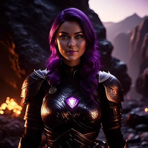 Prompt: <mymodel>25-year-old viking woman, subtle smile, light blue eyes, black gear, bright black armor, wearing an iron-man like suit of armor, black textures and highlights, standing in the shadows of the a dark cave at night, short focus, blurry background, moonlit scene, unreal engine 8k octane, 3d lighting, full body, full armor