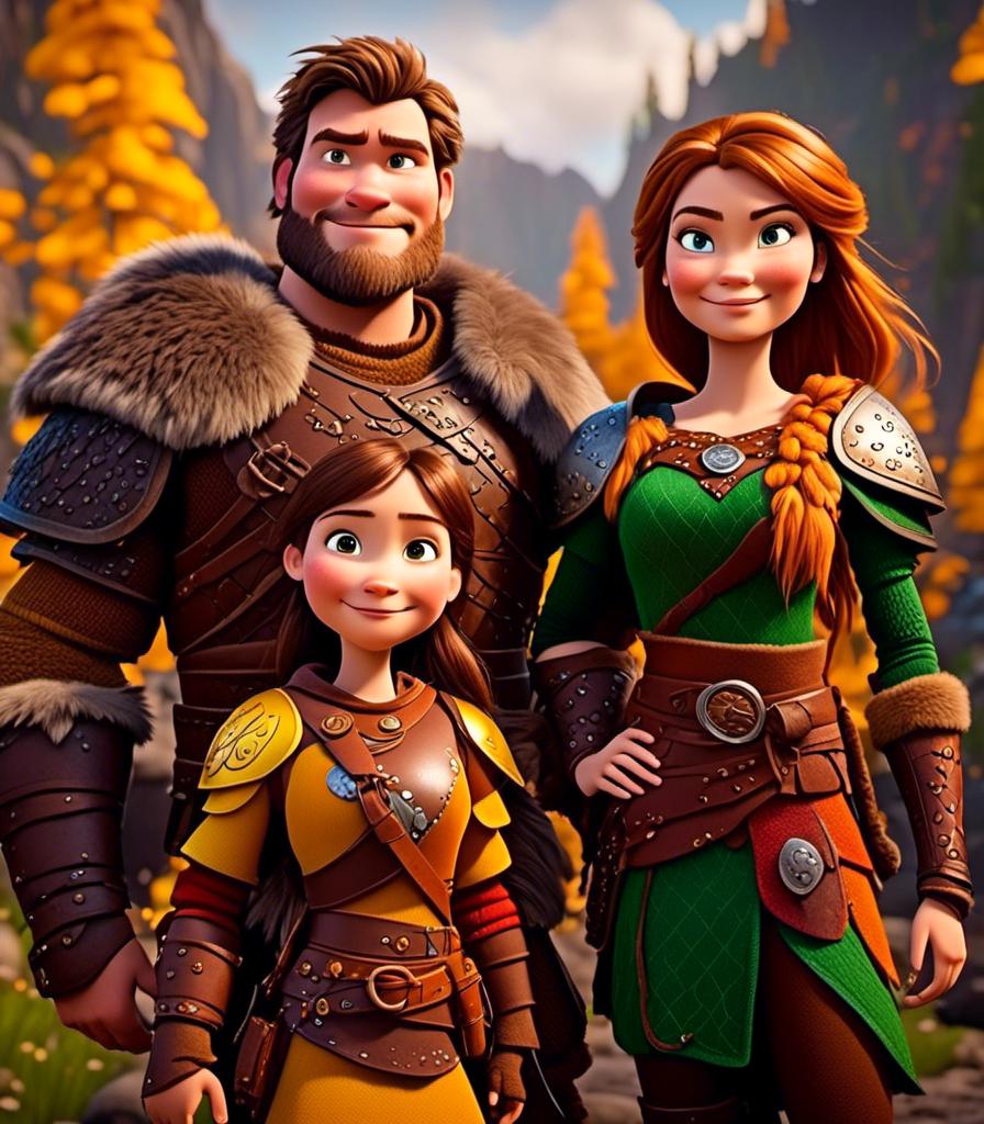 Prompt: <mymodel>CGI Animation, digital art, 20-year-old-old viking woman with light blue eyes standing with her older brother and younger sister, older brother has brown hair and green eyes, her younger sister has brunette hair and brown eyes, the viking woman has yellow clothes, gold colored armor, blonde straight hair, subtle smile, unreal engine 8k octane, 3d lighting, close up camera shot on the face, full armor