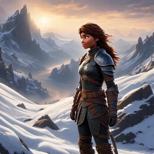 Prompt: <mymodel>animated CGI style, viking female warrior, detailed braided hair and battle scars, rugged and weathered armor, intense and determined gaze, snowy and rugged landscape, fierce, warrior, detailed hair, battle scars, snowy landscape, intense gaze, weathered armor, dramatic lighting