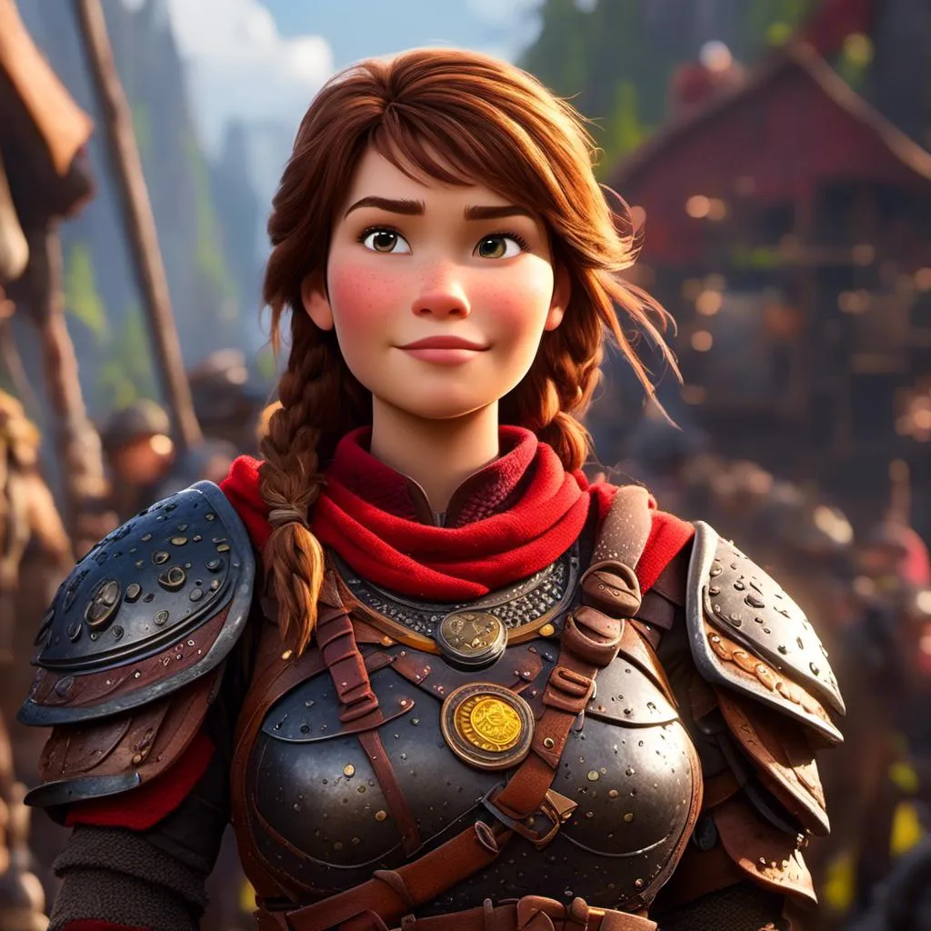 Prompt: <mymodel>CGI Animation of a viking female, brown hair in her face, hazel eyes, bright red gear and armor, yellow highlights and textures, standing in a viking village, intricate details, high quality, digital painting, cool tones, dramatic lighting