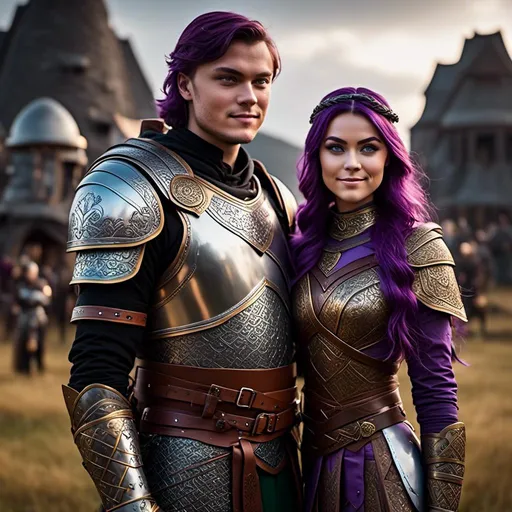 Prompt: Photo of <mymodel> standing next to her young husband Jarl Mollerson who has green gear and silver armor and brown hair