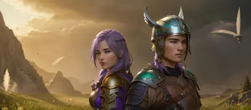 Prompt: create a female and male viking warriors, the female has purple hair and is holding and axe, her gear is black and silver.

The male has short brown hair with a gold helmet and holds a sword, his gear is shades of green with brown leather

They are in a grassy field