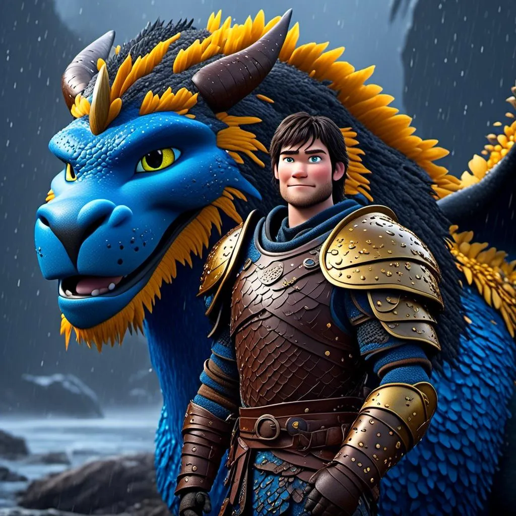 Prompt: <mymodel>CGi Animation, 20-year-old viking man with blue eyes, a rainy scene, the viking man has a subtle smile, black hair, he has blue gear, gold armor, black pants, black boots, he is standing next to a bright blue dragon with gold highlights, they are both in the rain, 