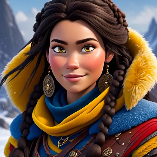 Prompt: <mymodel>CGI Animation, close-up portrait of the face, 20-year-old-old pirate viking woman sitting on a snow bank, a snowy scene, {{yellow gear, blue armor}}, black hair, beads in hair pulled back for straight hair, subtle smile, beads hair, small red earrings, multiple braids, yellow gear, straight hair, green eyes, bracelets, rings on fingers, mercenary gear, unreal engine 8k octane, 3d lighting, close up camera shot on the face, full armor