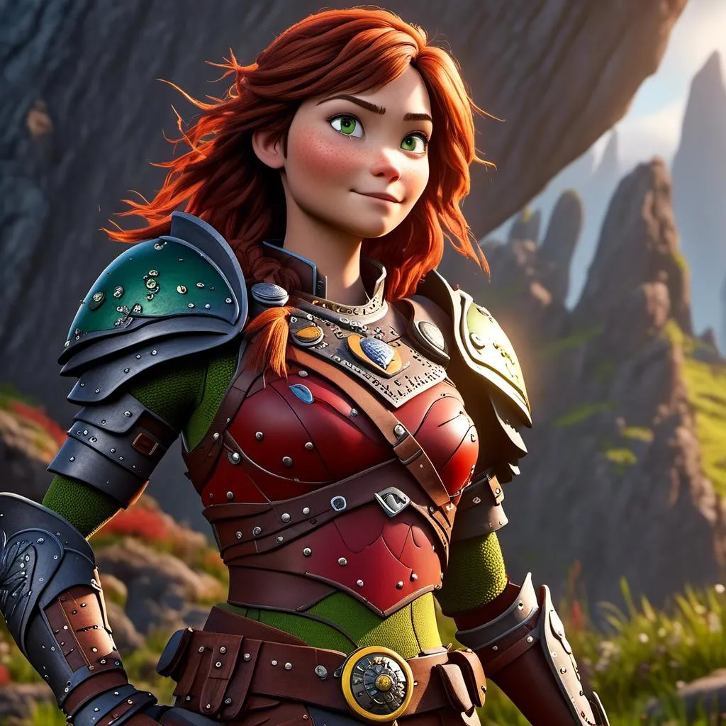 Prompt: <mymodel>CGI Animation of a viking female, brown hair, green eyes, bright red gear and armor, yellow highlights and textures, intricate details, high quality, digital painting, cool tones, dramatic lighting