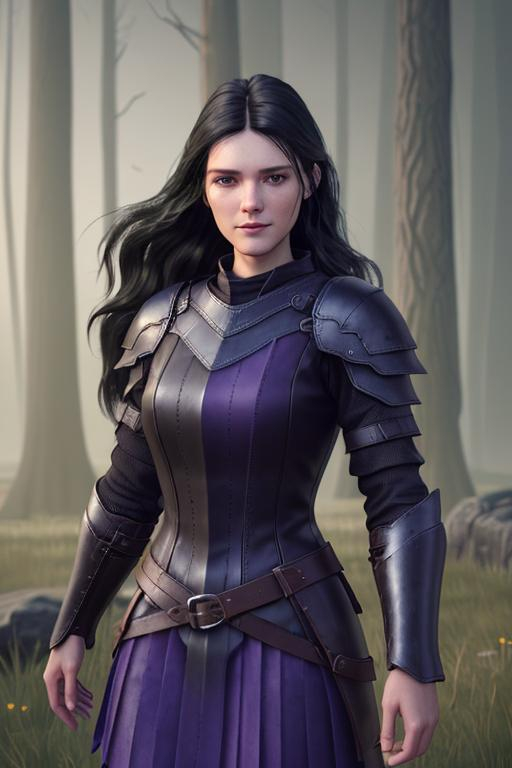 Prompt: Digital Art, 25-year-old viking woman, subtle smile, black straight hair, dark purple eyes, a dark purple long-sleeve shirt, textured skirt down to knees, dark purple pants, dark purple armor, long black hair with volume, middle part in hair, leather boots, dark purple gear, unreal engine 64k octane, hdr, 3d lighting, full body, full armor