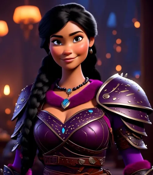 Prompt: <mymodel>CGI Animation, digital art, 20-year-old-old viking woman with light blue eyes, she is standing in her library, she is of royalty, {{black gear, purple armor}}, black hair with purple strands, single braid down her shoulder with a tiara, subtle smile, unreal engine 8k octane, 3d lighting, close up camera shot on the face, full armor