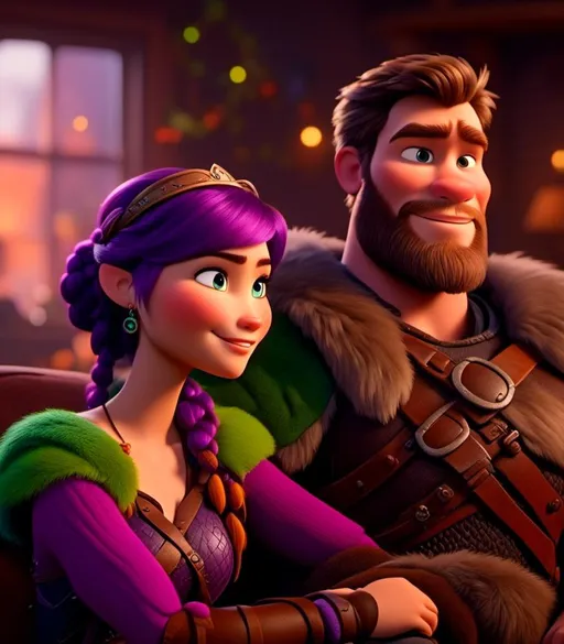 Prompt: <mymodel>CGI Animation, digital art, 20-year-old-old viking woman with light blue eyes, sitting on the couch in the living room next to her husband with brown hair and green gear, purple hair with purple strands, single braid down her shoulder with a tiara, subtle smile, unreal engine 8k octane, 3d lighting, close up camera shot on the face, full armor