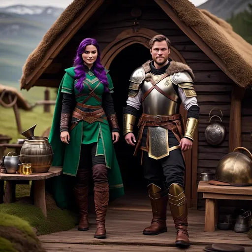 Prompt: Photo of <mymodel> standing in his hut with her husband Jarl Everson who has brown short wavy hair and green gear