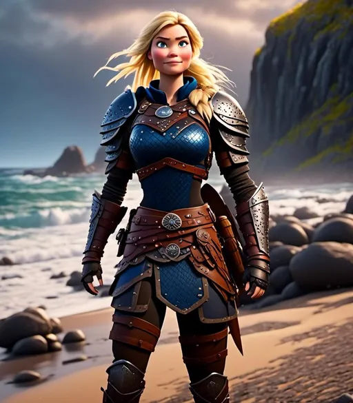 Prompt: <mymodel>CGI Animation, digital art, 20-year-old-old viking woman with blue eyes standing around several hot springs on a beach, ((blue clothes, blue colored armor,)) raging storm lighting, blonde straight hair, subtle smile, unreal engine 8k octane, 3d lighting, cinematic lighting, camera shot of full armor from head to toe