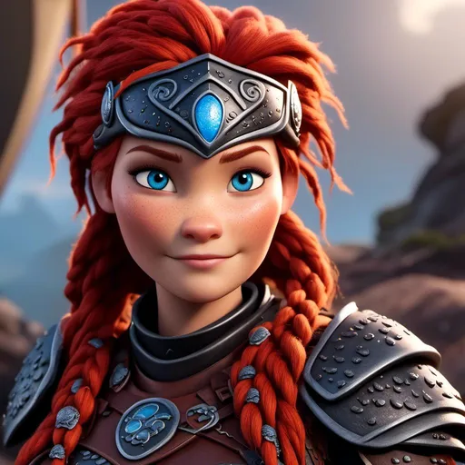 Prompt: <mymodel>CGI Animation of a viking middle-aged woman, red hair with braids and dreadlocks, blue eyes, all black gear and armor, leather highlights and textures, dragon scale textures and armor, intricate details, high quality, digital painting, cool tones, dramatic lighting