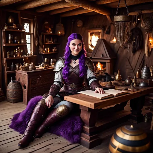 Prompt: Photo of <mymodel> with no armor casually relaxing sitting at a desk in her viking house