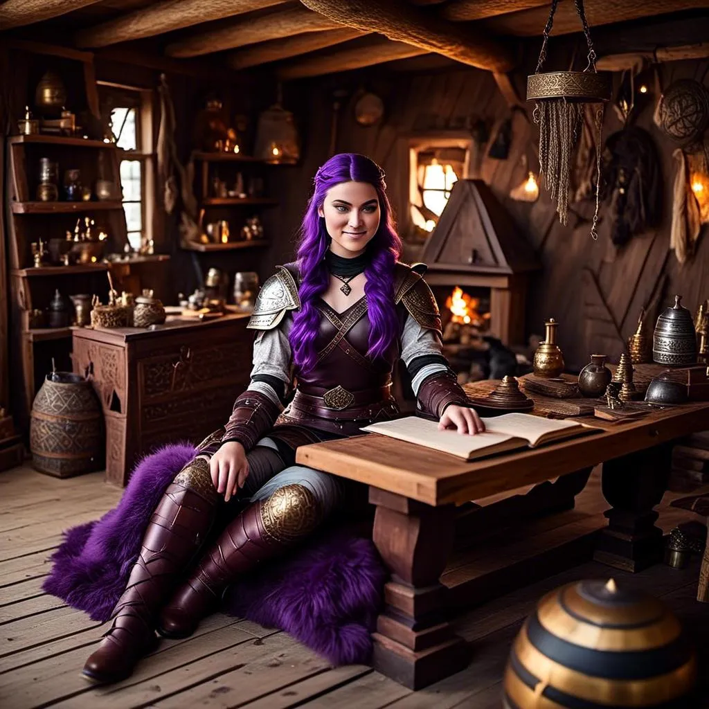 Prompt: Photo of <mymodel> with no armor casually relaxing sitting at a desk in her viking house