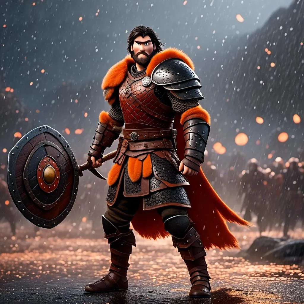 Prompt: <mymodel>Animated CGI style of a fierce Viking male about 25 years old, black hair, detailed facial features, leather armor {{((red))}} and orange armor, battle axe and shield, standing in the rain, intense and determined expression, dynamic and powerful pose, CGI, fierce male, Nordic designs, battle-ready, dynamic pose, professional lighting