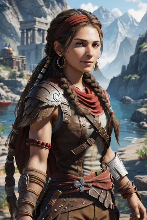 Prompt: Digital Art, 20-year-old pirate woman, red bandana around hair above forehead, muscular build, brown gear, brown pants, assassin's creed Odyssey armor, jeweled hair band, brunette hair, dreadlocks, subtle smile, beads hair, small red earrings, multiple braids, straight hair, blue eyes, bracelets, rings on fingers, mercenary gear, unreal engine 8k octane, 3d lighting, full body, full armor