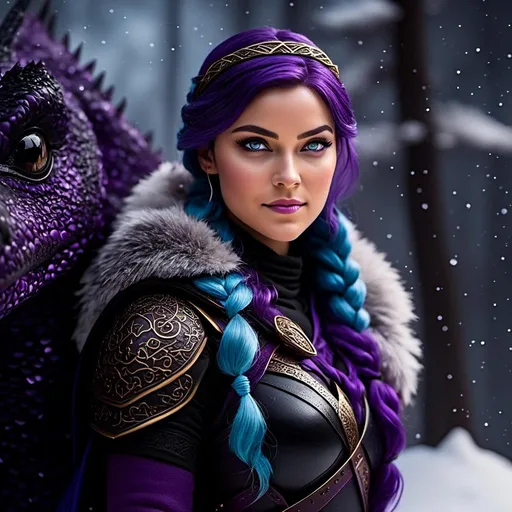 Prompt: Photo of <mymodel> standing next to her ((black)) razorwhip dragon from How to Train Your Dragon in the snow, she has light blue eyes, she is wearing a fur hood over her head, she is wearing a fur cape