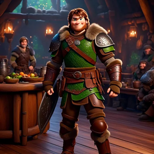 Prompt: <mymodel>Male viking warrior, standing in viking house, brown semi-wavy hair, green eyes, green armor, brown gear, brown pants, brown boots, historical, strong and natural lighting