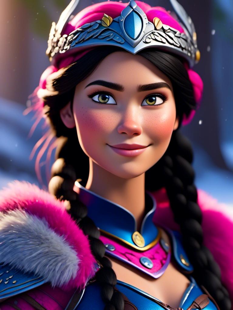 Prompt: <mymodel>CGI Animation, close-up portrait of the face, 20-year-old-old viking woman of royalty standing in the forest, a snowy scene, {{pink gear, blue armor}}, black hair, straight hair with a tiara, subtle smile, unreal engine 8k octane, 3d lighting, close up camera shot on the face, full armor