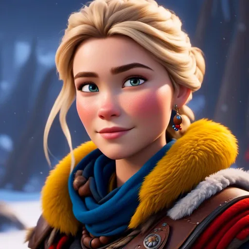 Prompt: <mymodel>CGI Animation, close-up portrait of the face, 20-year-old-old pirate woman sitting on a snow bank, a snowy scene, {{yellow gear, blue armor}}, blonde hair, an updo style of hair with a faded buzz cut on the side of the head, subtle smile, beads hair, small red earrings, multiple braids, yellow gear, straight hair, green eyes, bracelets, rings on fingers, mercenary gear, unreal engine 8k octane, 3d lighting, close up camera shot on the face, full armor