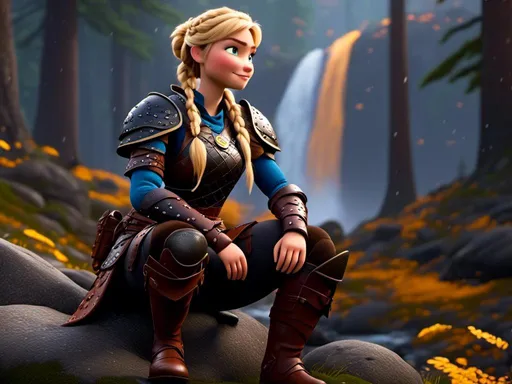 Prompt: <mymodel>CGi Animation, 20-year-old viking woman with blue eyes, ((she is wearing a tiara)), a rainy scene, she is sitting on a boulder in a forest, the viking woman has a subtle smile with it pouring down rain, blonde hair in a ponytail style, she has blue gear, gold armor, black pants, black boots