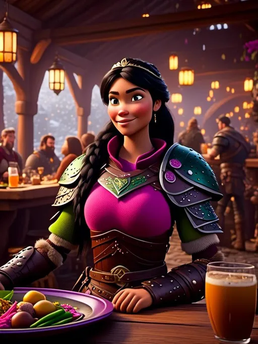 Prompt: <mymodel>CGI Animation, digital art, 20-year-old-old viking woman of royalty standing a busy tavern having a meal with her husband Jarl, {{the woman has pink gear, purple armor}}, black hair, straight hair with a tiara, subtle smile, Jarl has green armor and brown gear, unreal engine 8k octane, 3d lighting, close up camera shot on the face, full armor