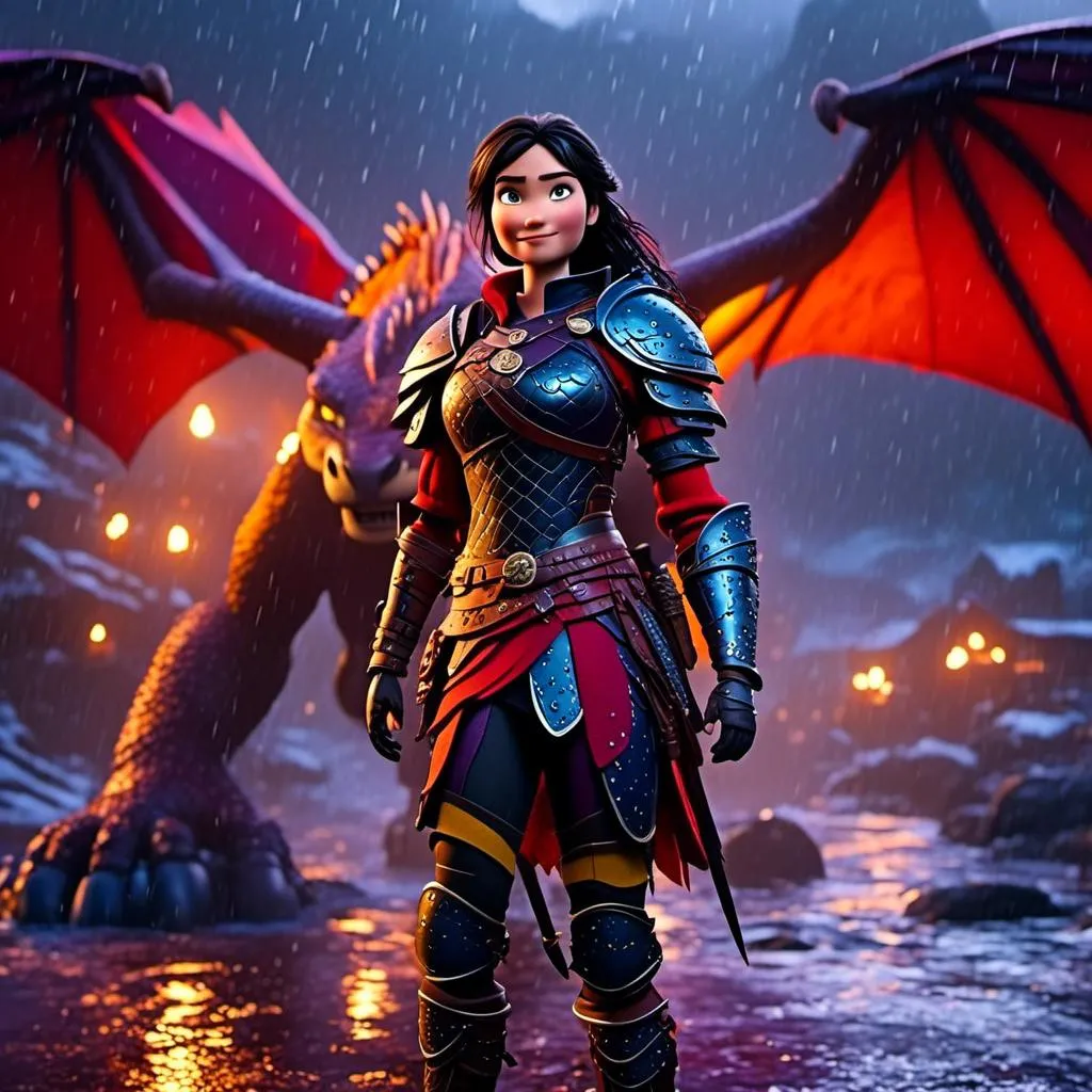 Prompt: <mymodel>CGi Animation, 20-year-old viking woman warrior with blue eyes, a rainy scene, the viking woman has a subtle smile, black hair, she has red gear, yellow armor with bursts of purple splotches, black pants, black boots, she is standing next to a bright red dragon with purple highlights, they are both in the rain