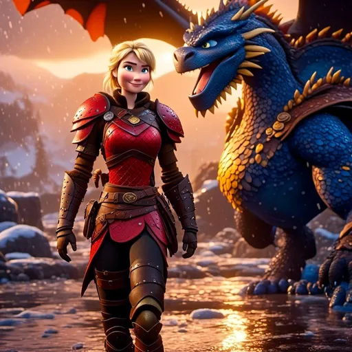 Prompt: <mymodel>CGi Animation, 20-year-old viking woman with blue eyes, a rainy scene, she is standing next to a bright blue dragon with gold highlights, they are both in the rain, the viking woman has a subtle smile, blonde hair in a ponytail style, she has blue gear, gold armor, black pants, black boots, unreal engine 8k octane, 3d lighting, full body, full armor