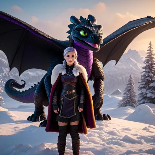 Prompt: Photo of <mymodel> standing next to her ((black)) razorwhip dragon from How to Train Your Dragon in the snow, she has light blue eyes, she is wearing a fur hood over her head, she is wearing a fur cape